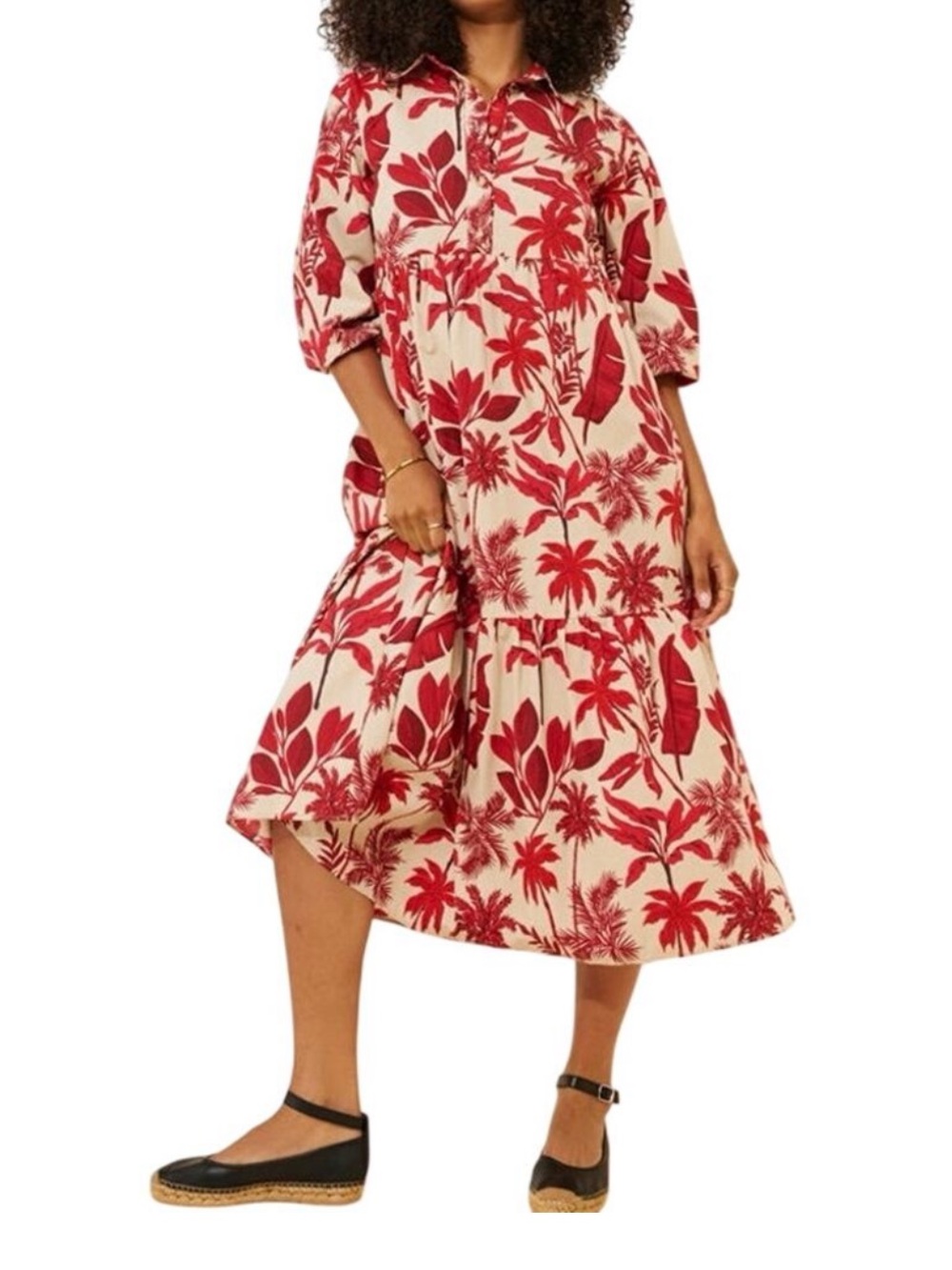 Anthropologie Maeve Bettina Cream Dress with Red Tropical Print XL